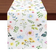 13 X 72 Inch Spring Daisy Flowers Table Runner, Farmhouse Burlap Butterfly Bee