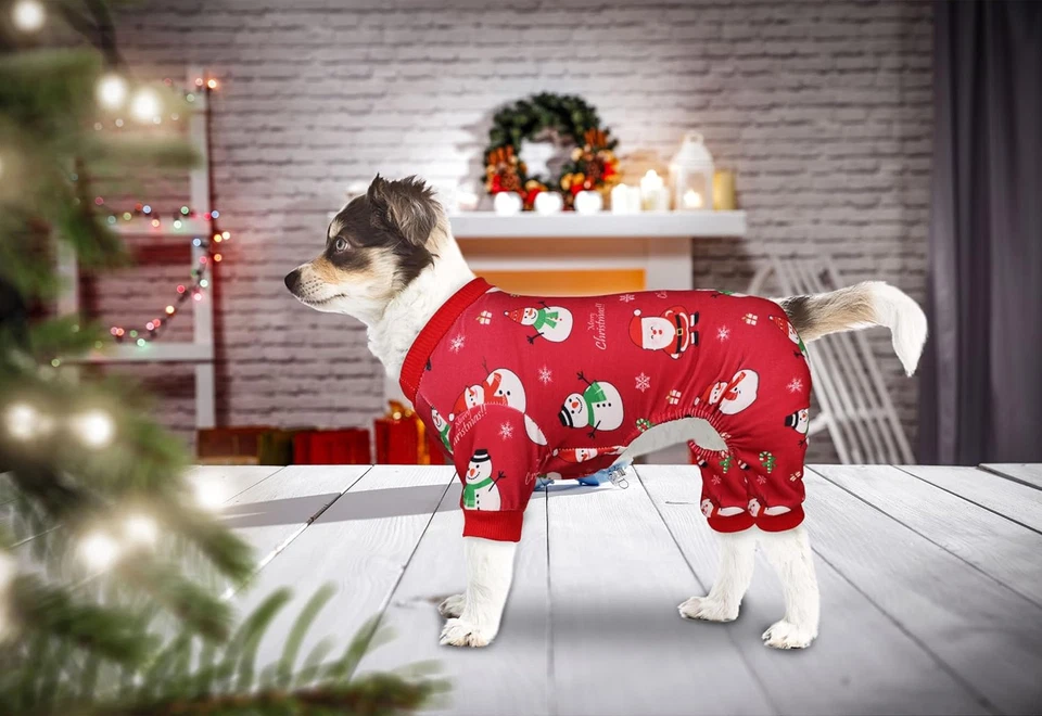 Pijama de Natal para Cachorro Boneco de Neve Roupas para Cachorro Fantasias para Cachorro Pjs Elástico Engraçado D - Imagem 2 de 4
