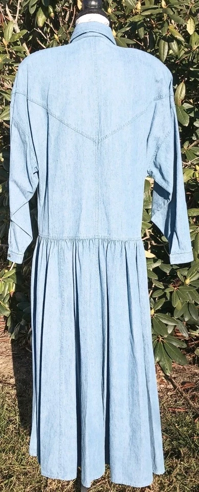 Vestido camisa jeans vintage aplique de renda faroeste botão para cima maxi midi cowgirl GG - Imagem 2 de 4