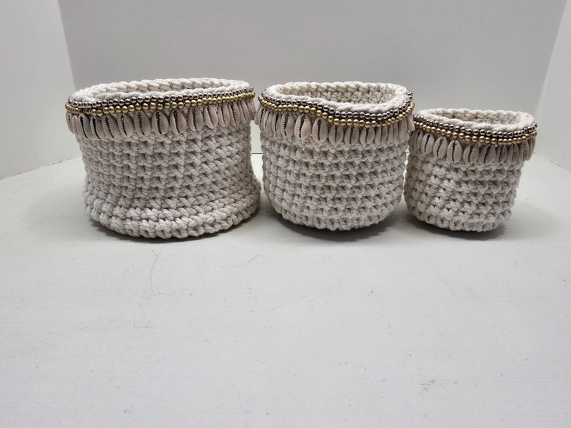 White Crocheted Baskets Nesting with Cowrie Shell Accents set of 3, Handmade