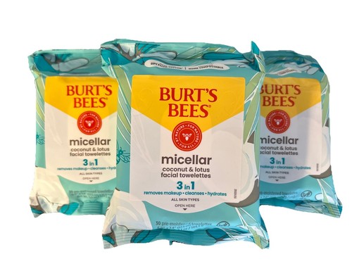 3 Pack Burt's Bees Micellar Coconut & Lotus 3-in-1 Facial Towelettes 30 ct each
