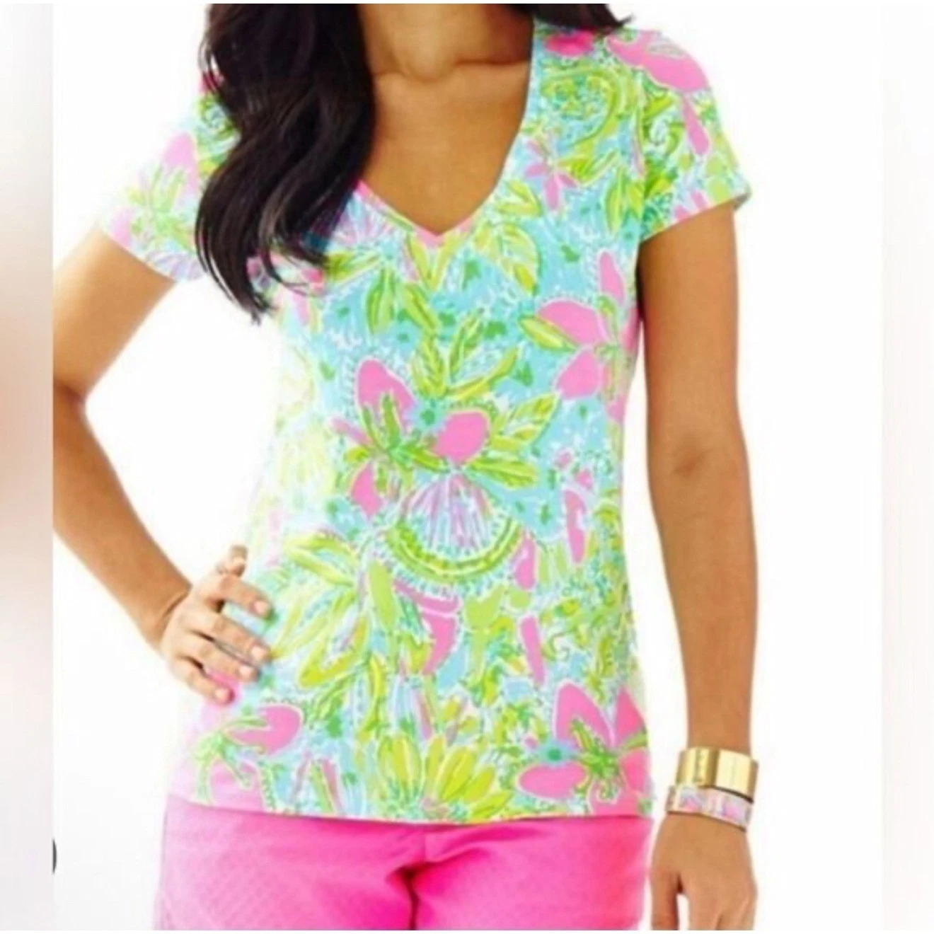 Lilly Pulitzer XS Coconut Grove Floral Women Short Sleeve Paisley Michele Shirt