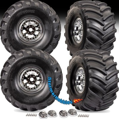 4 Traxxas 7696 Chrome X-Monster X-MAXX Wheels with HUGE 8.6'' Tall Terra Tires