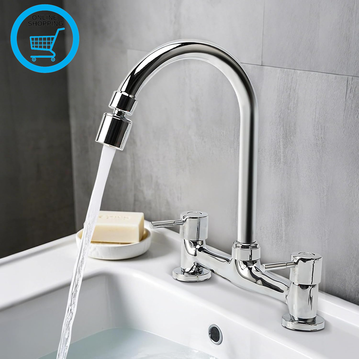 Kitchen Mixer Tap 2 Hole Cold Hot Water Faucet with 2 Function Aerator and Swive