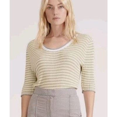 Veronica Beard Large Dany Ribbed Intarsia Knit Sweater Yellow Blue Scoop Neck