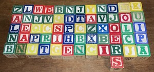 Vtg Lot of 61 Wood Alphabet Blocks Children Wooden Letters,1-1/8” & 1-1/4”