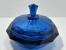 VTG Viking Blue Bluenique Diamond Point Covered Candy Dish MCM Read Chip Flaw