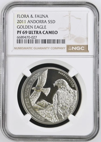 2011 Andorra Silver 5 Dinar Golden Eagle Flora & Fauna - NGC PF 69 Ultra Cameo