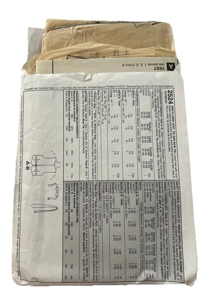 McCalls 2524 Sewing Pattern Mens Lined Vest Necktie & Bow Tie Sz S M L Uncut - Image 2 of 2