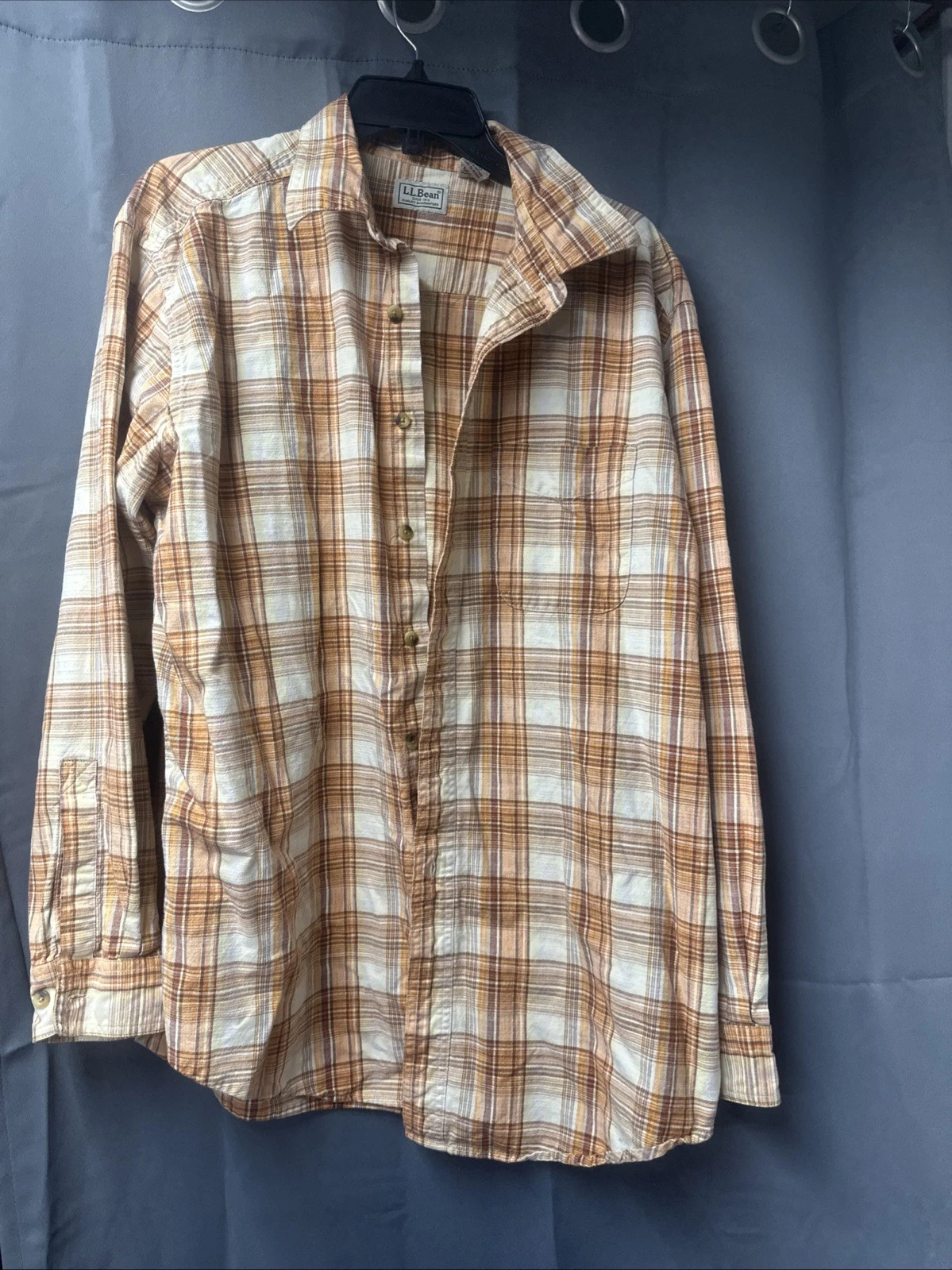 L.L. Bean Shirt Mens Large Orange Plaid Long Sleeve Button Up Pocket