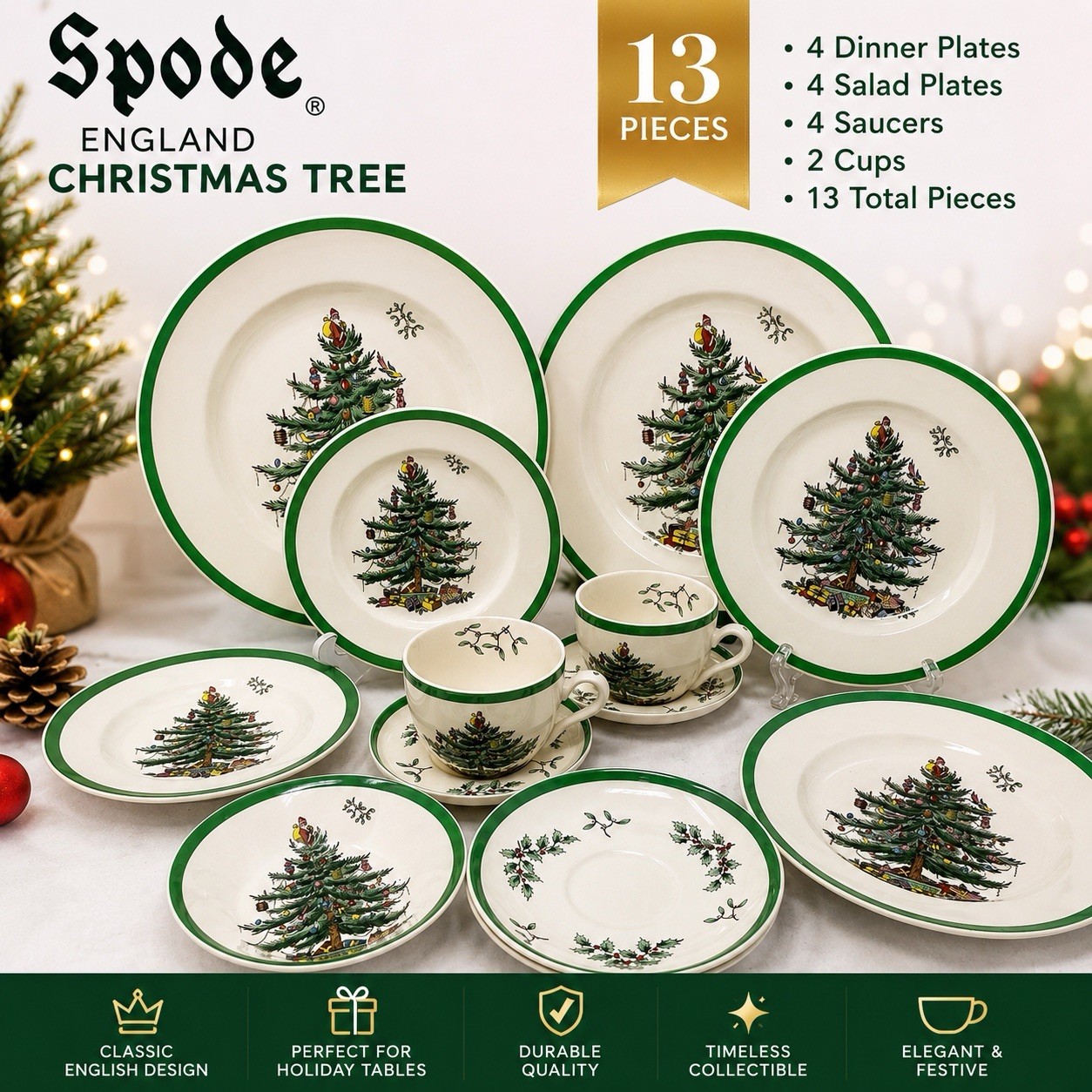 Spode Christmas Tree England 13 Pc Dinnerware Set Cups Plates Saucers Vintage