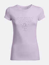 Image of Guess Jeans Womens Triangle Logo T shirt Lilac Eyelet Floral Logo W2GI31KA0Q1