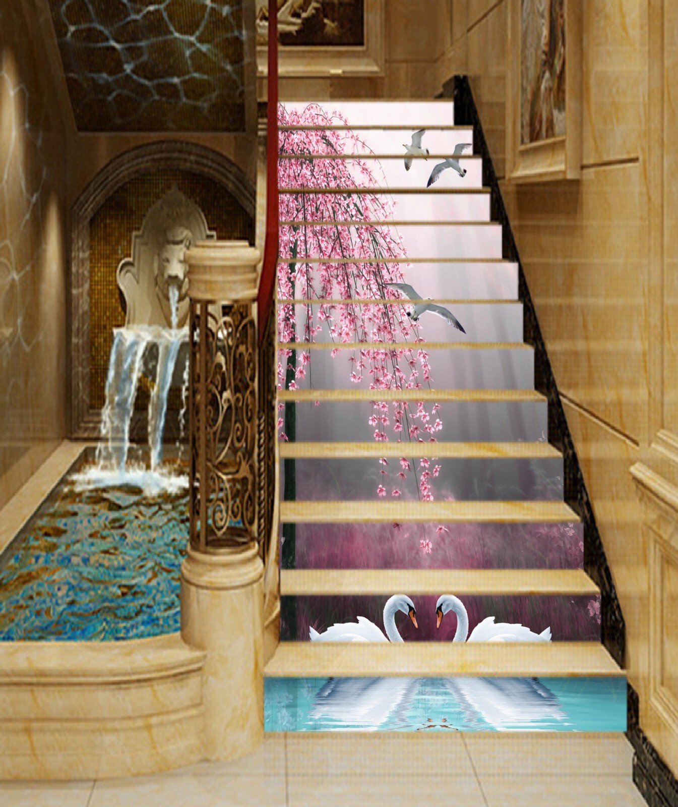 Swan Risers 3D Fantasy Swan AZ977 Stair Risers Decoration Mural Vinyl Wallpaper Kay ...