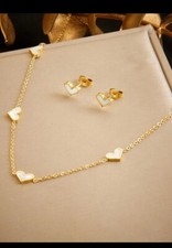 Heart Set Zirconia Gold Stainless Steel Necklace And Stud Earrings ,Women Girls