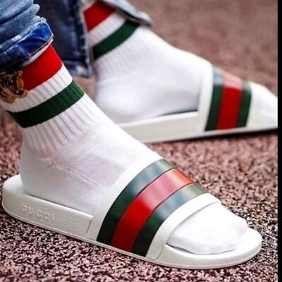 NWT$400 GUCCI Men Signature Stripe Rubber Slide Slip-on