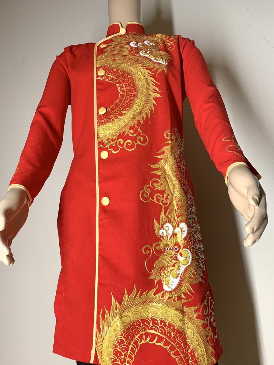 Red Ao Dai for men, Hand Painted Vietnamese Traditional Long