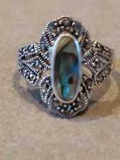 VINTAGE ABALONE MARCASITE STERLING SILVER 925 RING SZ 7.5 PRETTY DESIGN SHELL