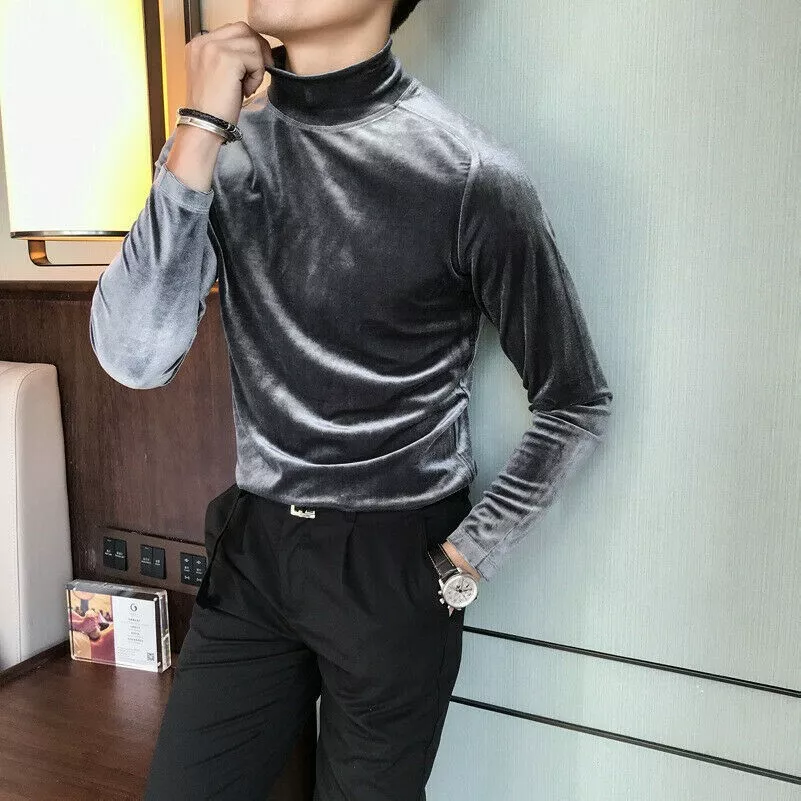 Men Velvet Shirt Top Blosue T-shirts Turtle Neck Pullover Casual Retro Shiny
