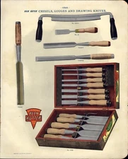 1908 PAPER AD 2 Sided COLOR Keen Kutter Tools Chisels Gouge Sets Chipaway 