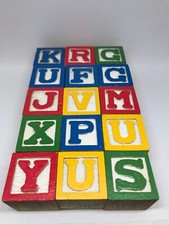 Vintage Wooden Alphabet Letter Blocks, Letters, Numbers, Pictures, Set of 15