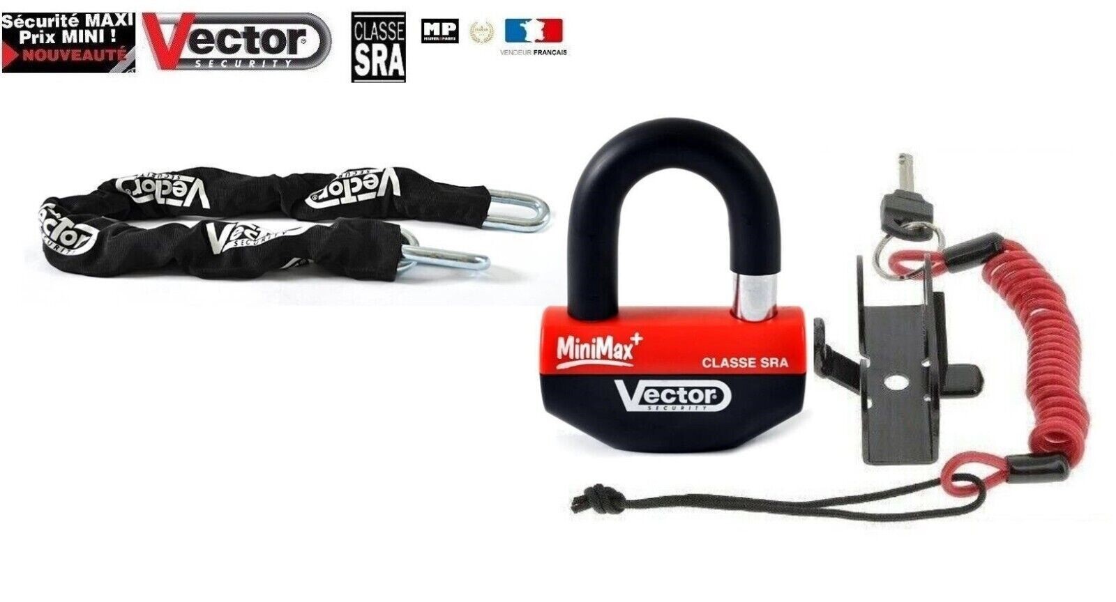 Chaine antivol VECTOR 110 cm et miniU bloque-disque pour moto et scooter SRA