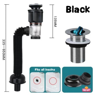 Black Universal Sink Drain Pipe Set Retractable Deodorant Sewer Drainage Water