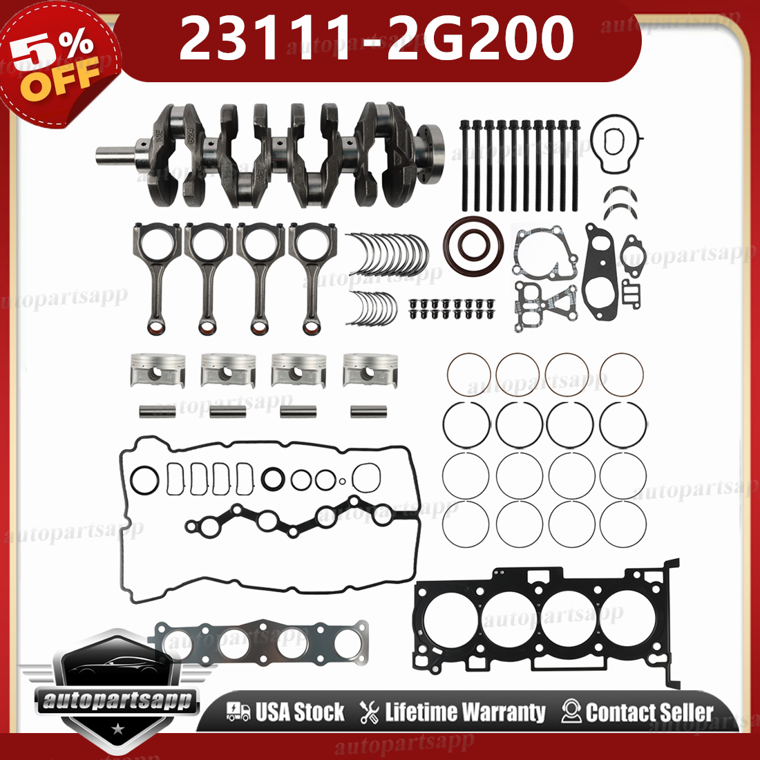 Hyundai KIA 2.4L G4KE Engine Rebuild Kit with Crankshaft & 4 Connecting Rods