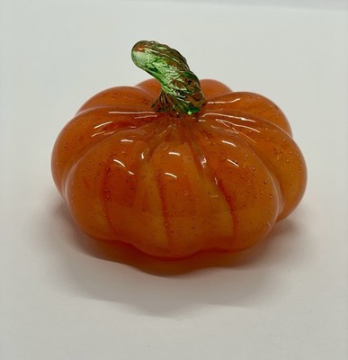 3'' Pumpkin Hand Blown Art Glass Orange Swirl Bubbles Small Stem Autumn Murano