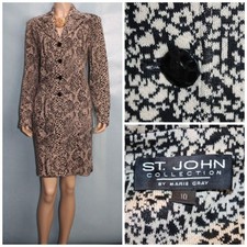 St. John Collection Beige Black Long Jacket L Sz 10 12 Suit Pockets Animal Print