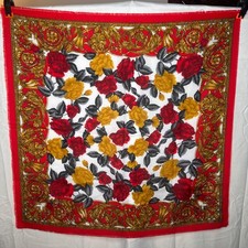 Stunning Vintage Floral Rose Print Scarf 30" Red Yellow Cottage Retro Art Vibran