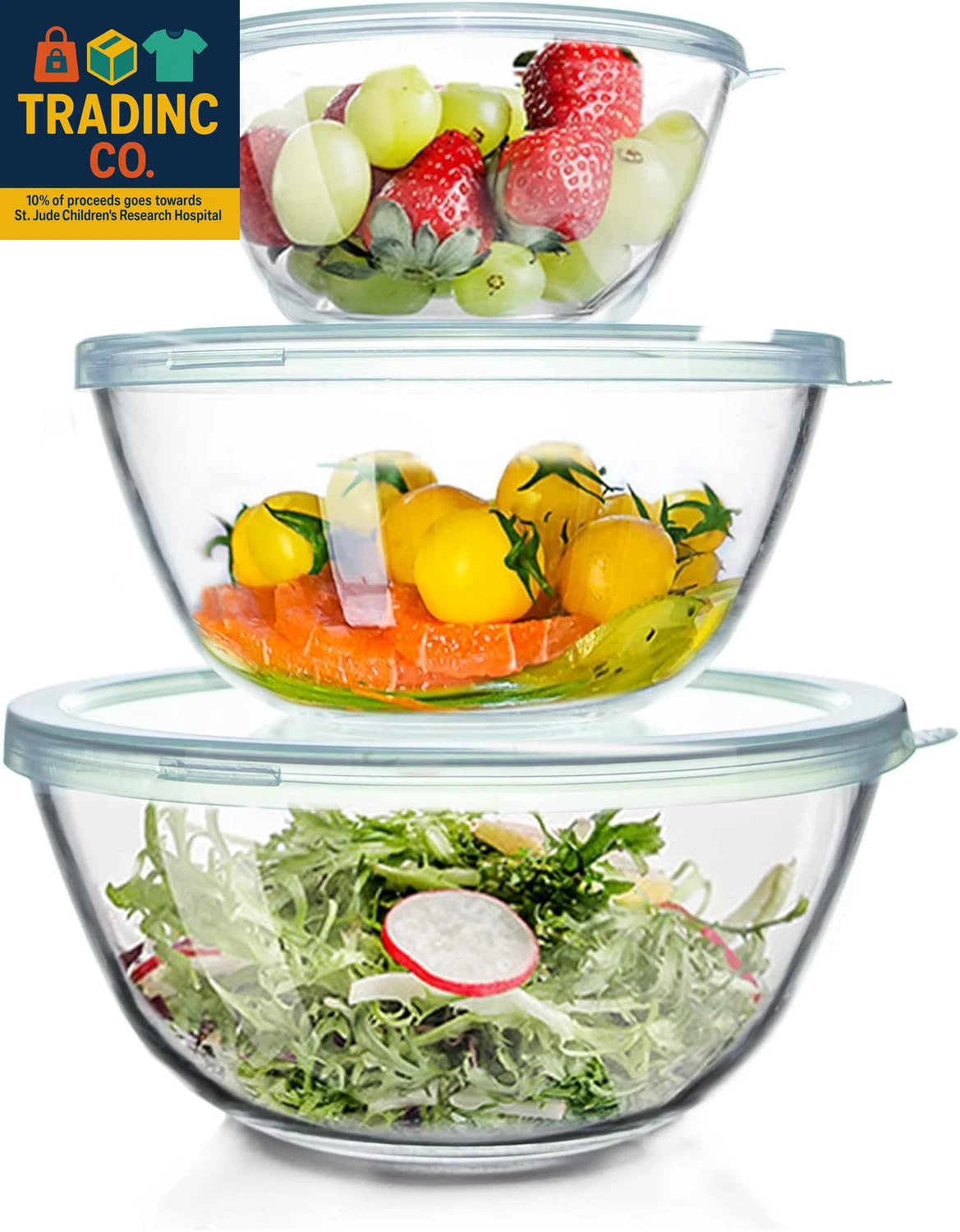 Glass Mixing Bowls Glass Bowls with Lids Set(4.5Qt,2.7Qt, 1.1Qt),Large Salad Bow