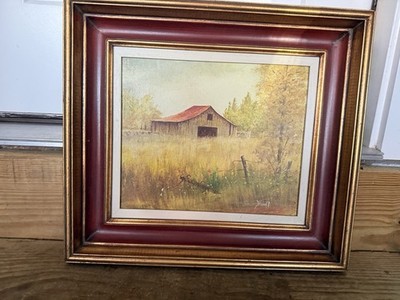 Oil Painting   Red Roof Barn Landscape   Signed J. Wolff Vintage