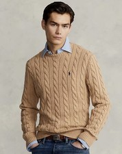  145 Polo Ralph Lauren Men  s Cable Knit Cotton Crewneck Sweater Camel Size L
