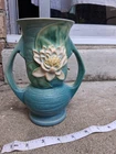 Roseville Water Lily 74-7 Art Pottery Vase 7in Double Handle Blue Green