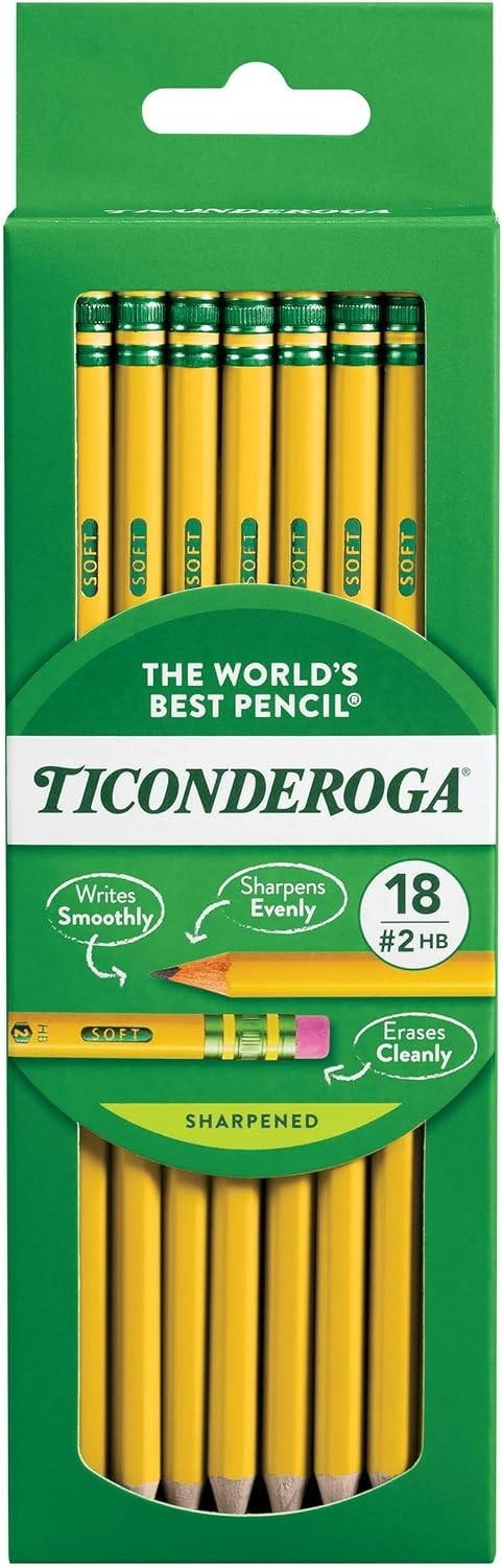Ticonderoga Wood-Cased Pencils, Pre-Sharpened, #2 HB Soft, Yellow, 18 Count.