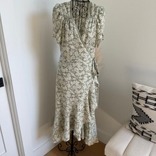 Max Studio Green Floral Ruffle Tulip Sleeve Midi Wrap Belted Dress- Med- Cottage