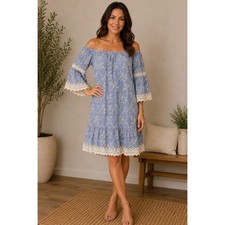 Karen Kane Dress Womens L Blue Sand & Sky Mixed Lace Embroidered Off Shoulder