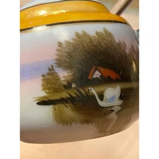  Morimura Porcelain Sugar Bowl, Lid & Glass Spoon Scenic design 2.75 in tall EUC