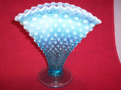 VTg Fenton Blue Opalescent Glass Hobnail Ruffled Fan 8" Tall Vase Footed Crimped