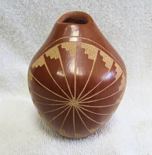 Branda Tafoya Jemez Indian Melon Cut Style Steps Fan Design Art Pottery Vase