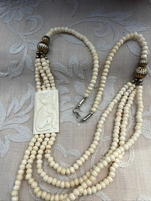 Vintage Multi-strand Beaded Necklace Carved Cat Unique 