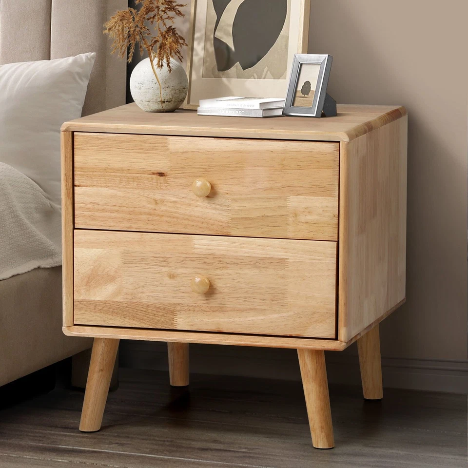 Oikiture Bedside Table 2 Drawers Side Tables Storage Nightstand Rubber Wood