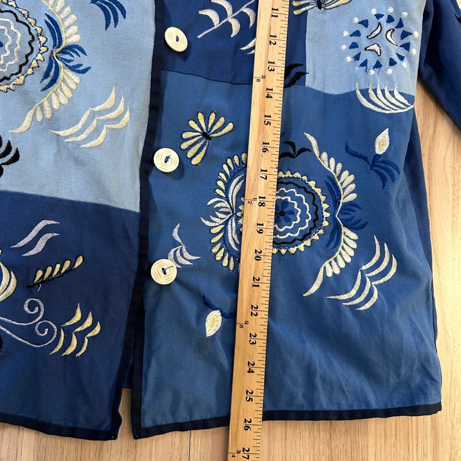 Indigo Moon Patchwork Embroidered Jacket Blue Whi… - image 10