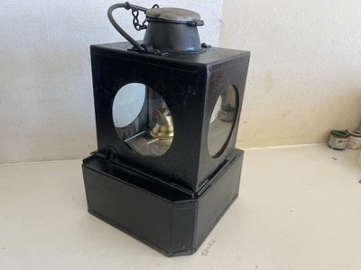 BRITISH RAILWAY BLACK SQUARE 4 GLASS SIGNAL LAMP EX BR + BURNER & FILLER CAP GC - Image 1 of 4