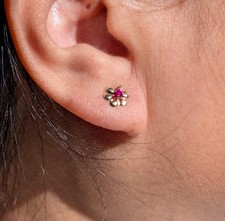 14K Solid Gold Flower Stud Earrings, Fuchsia Pink Cubic Zirconia Floral Posts