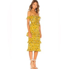 Tularosa x Revolve Lily Dress Tiered Ruffle Sheath Midi Yellow White Small