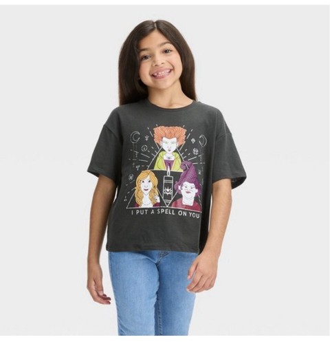 Hokuspokus Mädchen schwarz kurz geschnitten Halloween Hexe T-Shirt Größe M 7-8