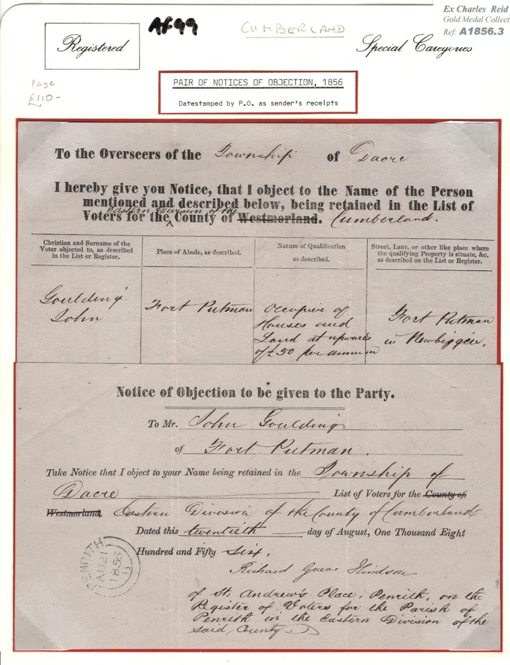 GB QV REGISTERED MAIL Cumberland Penrith *Notice of Objection*{2} {ex Reid} AF99 - Image 2 of 4