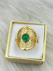 Authentic 925 Sterling Silver Green Onyx Mandala Ring Gold Plated Jewelry For Womens