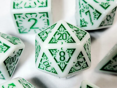 White w/Green Starburst XL Dnd Dice Set | Dungeons and Dragons | Colossal Dice